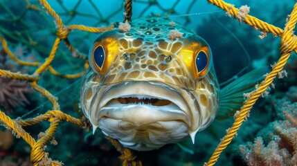 Marine life in peril  fish trapped in fishing net, a grim consequence of human waste