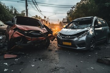 Fototapeta na wymiar Horrifying car crash. suv slams into another vehicle, causing a dangerous accident on the road