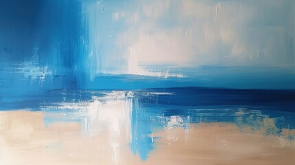 Oil Painting Capturing the Abstract Beauty of Ocean Beach with Vibrant Blues, Beiges, Greys, and Whites, Hand-Painted with the Essence of Sea and Shore