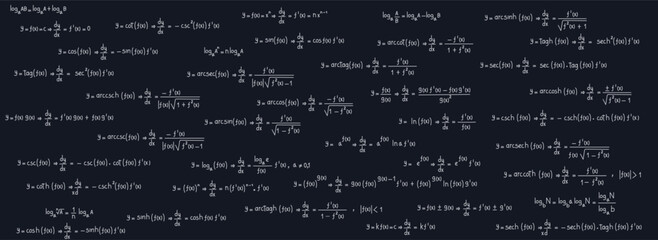 School and university notes on exercises, equations and formulas of logarithms, derivatives, trigonometric, logarithmic, hyperbolic and inverse on a black chalkboard background - obrazy, fototapety, plakaty