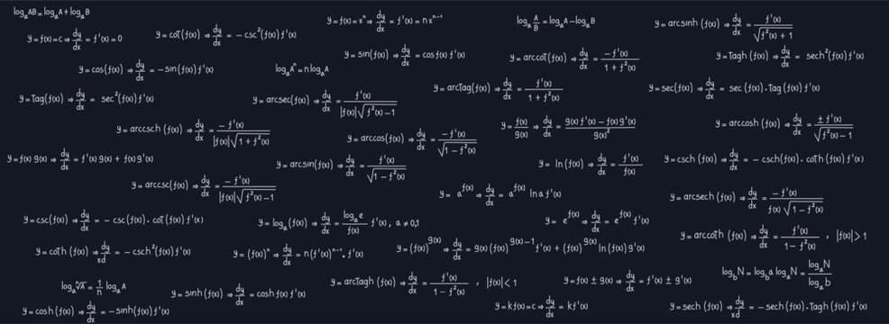 School and university notes on exercises, equations and formulas of logarithms, derivatives, trigonometric, logarithmic, hyperbolic and inverse on a black chalkboard background