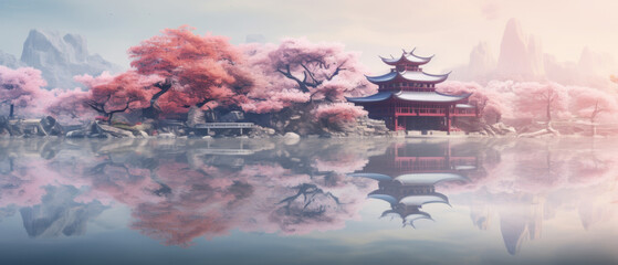 Cherry Blossoms at a Traditional Japanese Pagoda Landscape