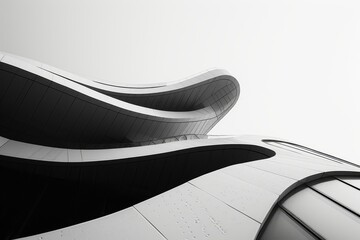 a black and white photo of a building with a lot of curves, in the style of punctured canvases
