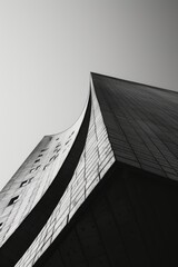 a black and white photo of a building with a lot of curves, in the style of punctured canvases
