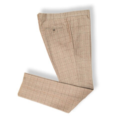 Beige folded men's plaid trousers on isolated white background - Prince of Wales  men's trousers