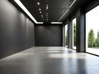 Gallery interior with empty black wall design and concrete floor design.