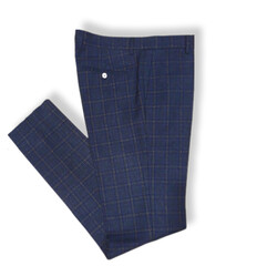 Dark blue folded men's plaid trousers on isolated white background - Prince of Wales blue men's trousers