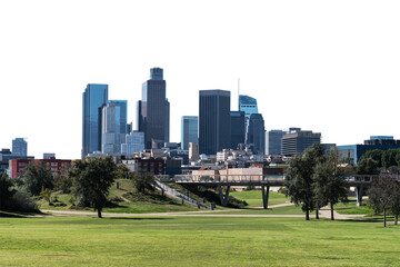 Downtown Los Angeles skyline with urban park in foreground.  Isolated with cut out background.