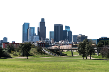 Downtown Los Angeles skyline with urban park in foreground.  Isolated with cut out background.