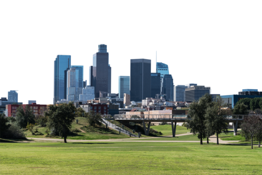 Downtown Los Angeles skyline with urban park in foreground.  Isolated with cut out background.