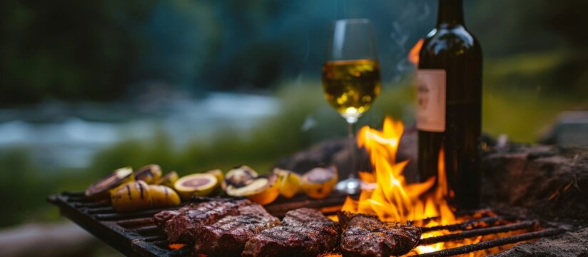 Sumptuous Grilled Steak with a Bottle of Red Wine, Perfect for a Romantic Dinner Under the Stars