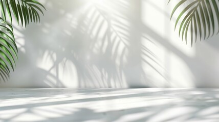 Minimal abstract light blue background for product presentation. Shadow of tropical leaves and curtains window on plaster wall. - obrazy, fototapety, plakaty
