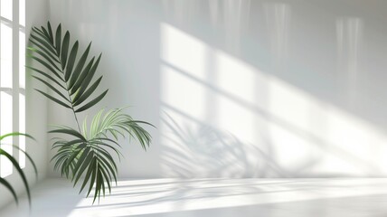 Minimal abstract light blue background for product presentation. Shadow of tropical leaves and curtains window on plaster wall.