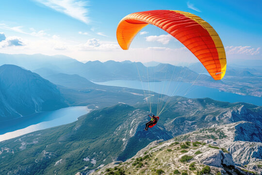 A paraglider in flight, a colorful parachute canopy against the backdrop of a clear blue sky and mountain landscape. Hobbies and extreme sports.