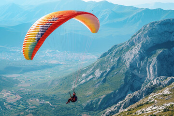 A paraglider in flight, a colorful parachute canopy against the backdrop of a clear blue sky and mountain landscape. Hobbies and extreme sports.