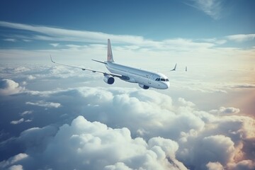 Commercial airplane soaring above fluffy cumulus clouds against a clear blue sky