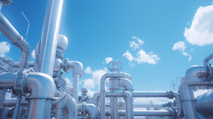 Industrial Pipelines and Valves Against Blue Sky Background