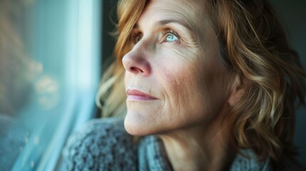 A middleaged woman with autism looking off into the distance with a pensive expression on her face.