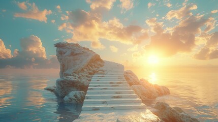 A surreal staircase rises towards the sky symbolizing the path to success and achievement in a vivid illustration. Inspiring image of striving for high goals.
