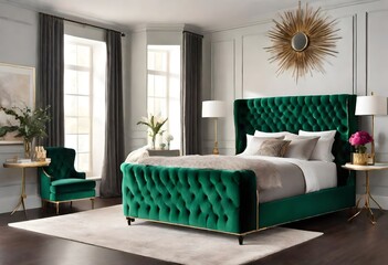 Fototapeta na wymiar Silk green bed in bedroom 