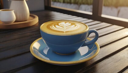 Obraz premium A cup of latte with a pattern of milk in the shape of a flower, on a wooden table. AI generated.