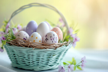 Pastel Easter Eggs in Woven Basket with Spring Florals.