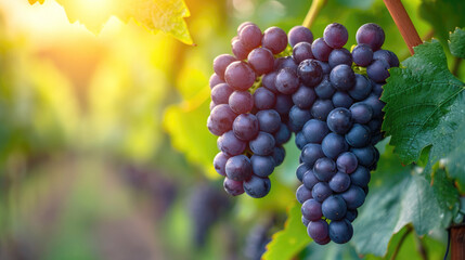 A bunch of black grapes on a green natural vineyard background, Kyoho grapes with leaves on a...