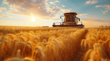 A combine harvester reaping a bountiful wheat field, efficiently harvesting crops and ushering in the season's yield. - obrazy, fototapety, plakaty