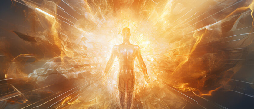 Transcendent Human Silhouette with Chakras Unfolding in a Golden Explosion of Spiritual Energy