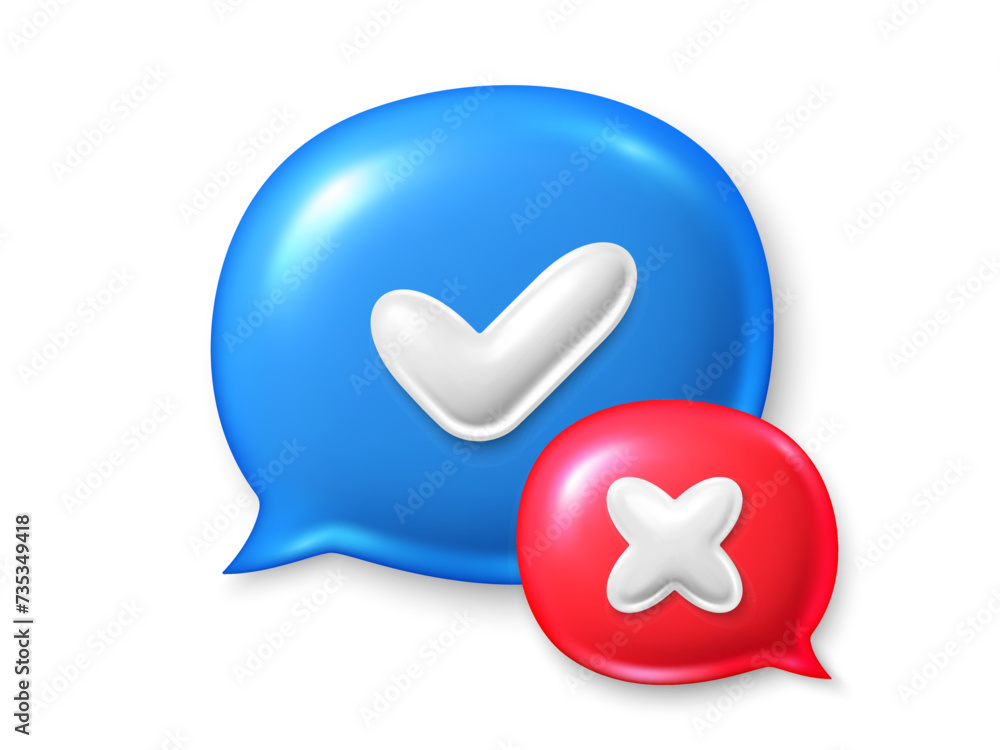 Poster right and wrong 3d speech bubbles. quiz answer time game. glossy round icons with a checkmark, cross