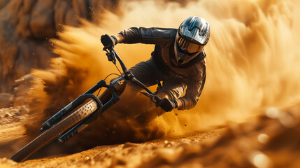 A mountain biker with Trek Rail blazing through the desert