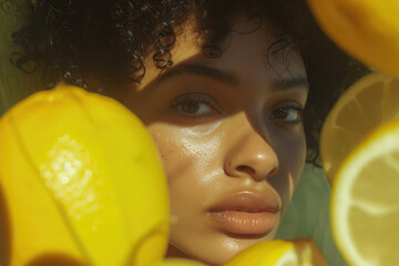 portrait of a dark skinned female with a frame made of lemons