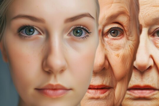 Close-up of two faces of beautiful woman and mother