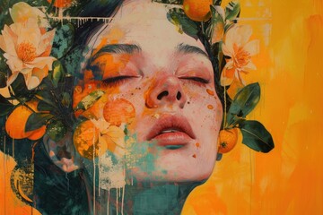 painting portrait of a young female with eyes closed dreaming with flowers on her head, on orange background