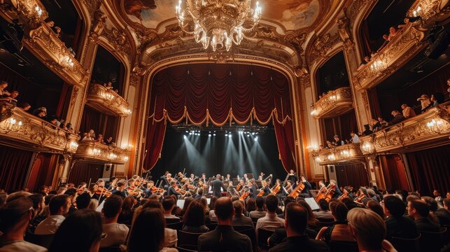 An elegant classical music concert, orchestra in full performance, audience captivated, in a grand historic theater. Resplendent.