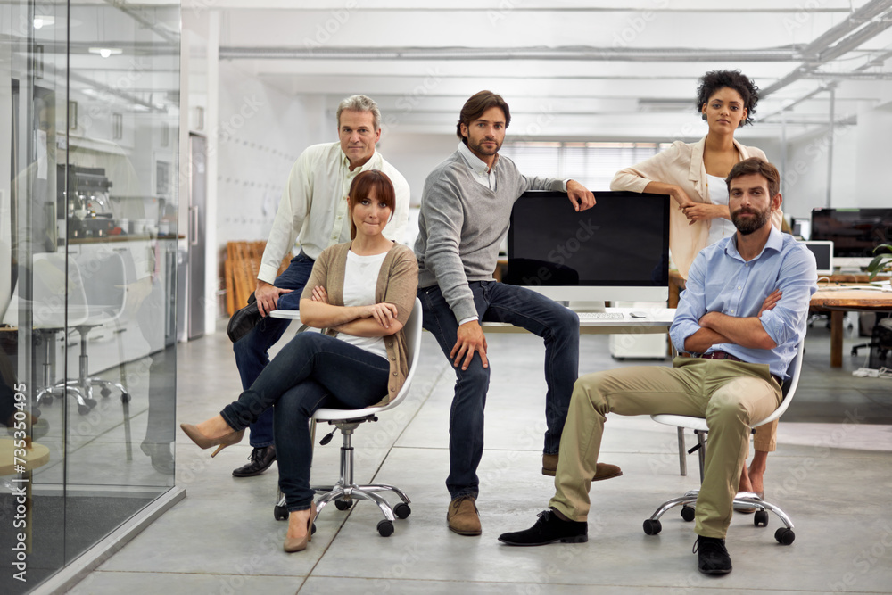 Poster computer screen, diversity and business people in portrait in office, about us and technology on tab