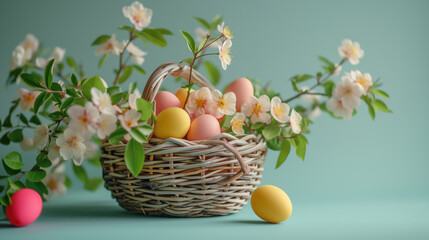 Colorful Easter Eggs Amidst Blooming Spring Flowers in a Wicker Basket.