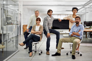 Computer screen, diversity and business people in portrait in office, about us and technology on...