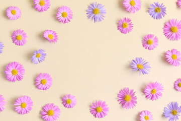 Fototapeta na wymiar Floral stylish border frame of pink and purple flower aster on beige background. Spring and summer colorful flowers pattern. Flat lay, top view, mockup, copy space for text.