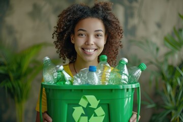 Woman with green bucket with recycling symbol filled with plastic bottles and recycling. Environmental care, environmentally friendly and nature conservation.