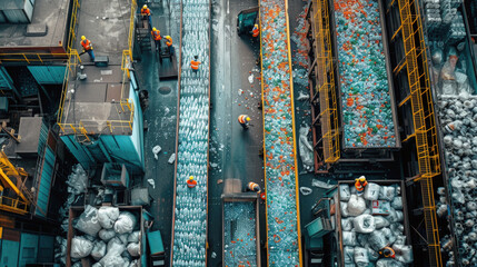 An overhead view of a recycling facility bustling with activity as workers sort and process plastic bottles for recycling. Conveyor belts transport the bottles.