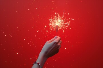 Burning sparkler, hand held firework on red background
