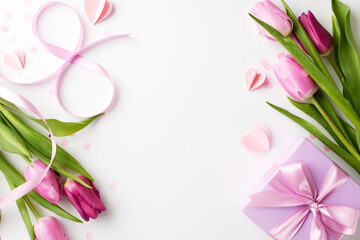 Obraz na płótnie Canvas International Women's Day: a salute to her story. Top view shot of graceful tulips, a chic gift, and tender paper hearts on a soft pink background with space for congratulations