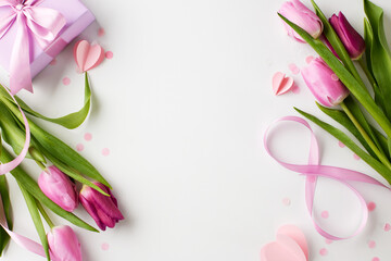 Obraz na płótnie Canvas Pink whispers: a march 8th celebration. Top view shot of elegant pink tulips and a beautifully wrapped present on a white background with space for messages celebrating