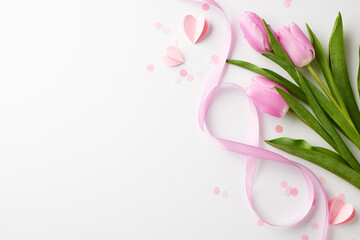 International Women's Day: embracing femininity. Top view shot of delicate pink tulips, paper hearts, and confetti on a white background with space for heartfelt greetings for Women's Day
