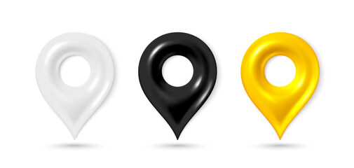 Locate map pin gps markers. 3d design of location map pin icon. Place position pointer, destination yellow tag. Street location sign, black travel map point. Vector 3d illustration.