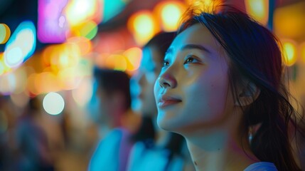 A lone woman gazes up at a crowd of strangers, her face obscured by the blur of city lights and the anonymity of the night