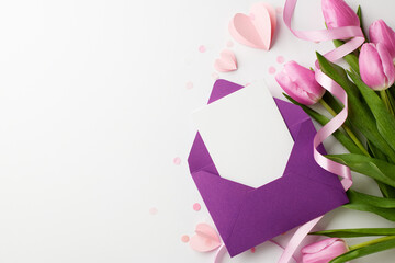 Welcoming spring warmth: a love letter to my dearest. Top view of a bouquet of fresh tulips, purple envelope with card, tender hearts on white background with space for greetings or advert