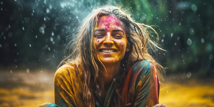 Joyful Woman Celebrating Holi Festival with Colorful Powder on clothes and body. Concept Indian Hindu color festival. generative ai