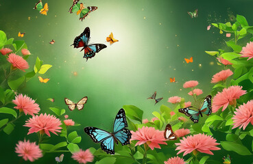 Spring background, butterflies flying among the greenery.